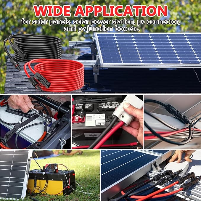 2x100 Feet Solar Panel Extension Cable, 12AWG Solar Panel Cable Solar Wire with Female and Male Waterproof Connectors for RV, Photovoltaic Systems (100FT Red + 100FT Black)