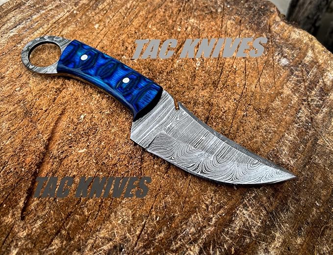 Bushcraft Survival Knife12T27 Damascus Steel Fixed Blade outdoor - Pakka Wood Handle - Pancake Leather Sheath - Traditional Field for Camping , Fishing, Hunting Knife, Men & Women - EDC Knife to Carry on Belt- (BLUE)