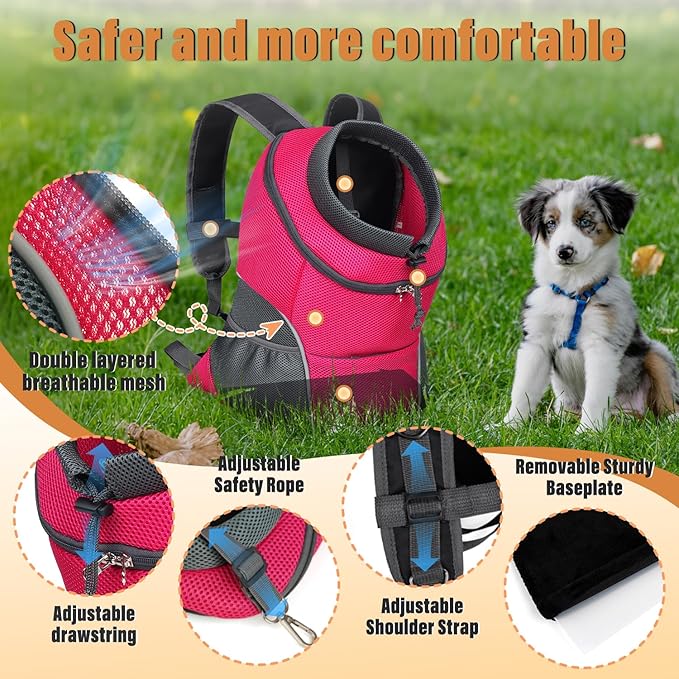 YUDODO Dog Front Carrier Backpack, Adjustable Breathable Pet Carrier for Small Dogs, Ventilated Puppy Back Pack with Safety Belt, Lightweight Doggy Backpack for Hiking Outdoor (Rose, L: 9-13.5 lbs)