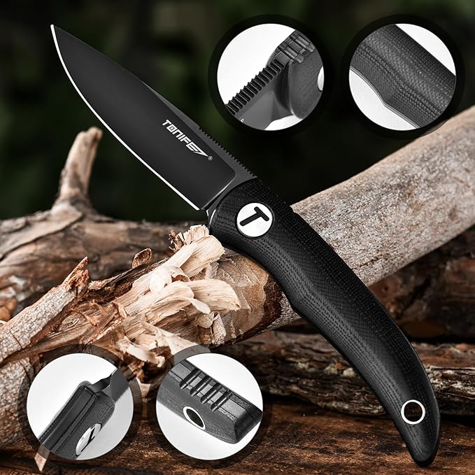 TONIFE Nova 2.68'' Blade Mini Neck Knife Full Tang Fixed Blade Knife with Kydex Sheath and Adjustable Paracord Lanyard for Camping Outdoor Survival Tool (Black+Black Titanium)