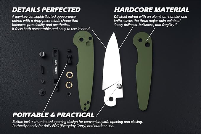 Hightron Birdidi Folding Knife, Small Pocket Knife with 2.91" Drop Point D2 Blade and Aluminum Handle, EDC Folding Knife with Clip for Men Women Camping Hiking Green-B