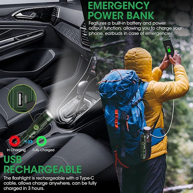 Rechargeable Flashlight High Lumens, High Lumens Super Bright Magnetic Flash Light, Long-Range Zoomable LED Flashlights for Emergency, Waterproof Flashlight Dimmable, Green,1PC