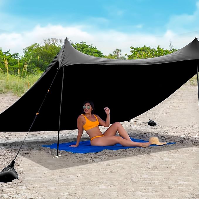 Red Suricata Family Beach Tent & Canopy, UPF50 Sun Shade, 4 Aluminum Poles, Sand Shovel, Large Portable Sun Shelter (Large, Black)