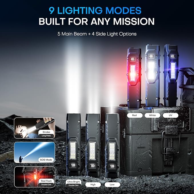 EDC Tactical Flashlight, Flat Flashlights Rechargeable,Dual-Switches LED Small Flashlight with Digital Display,Stainless Steel 8 Modes Pocket Flash Light for Home, Camping,and Emergency Use