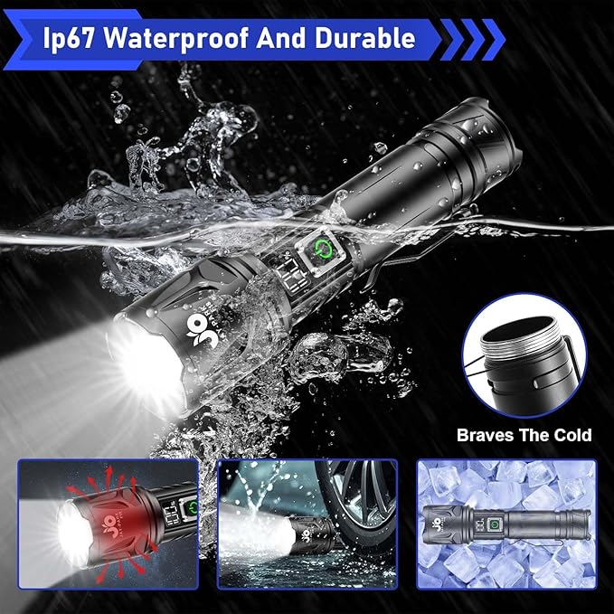 JAY-PARK High Lumen Flashlight - 10000 Lumens, Rechargeable 5000mAh with LCD Display, Zoomable Long Beam (3000m), IP67 Waterproof, 5 Modes & Belt Clip - for Camping, Dog Walking