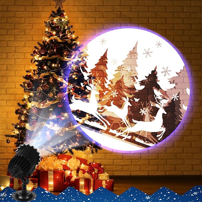 Vintage Christmas Projector Light with 1 Film Slides Holiday LED Deer Tree Projector Lights Outdoor Reflectors Waterproof Landscape Decorative Rotation Lighting Movement Projection Lamp