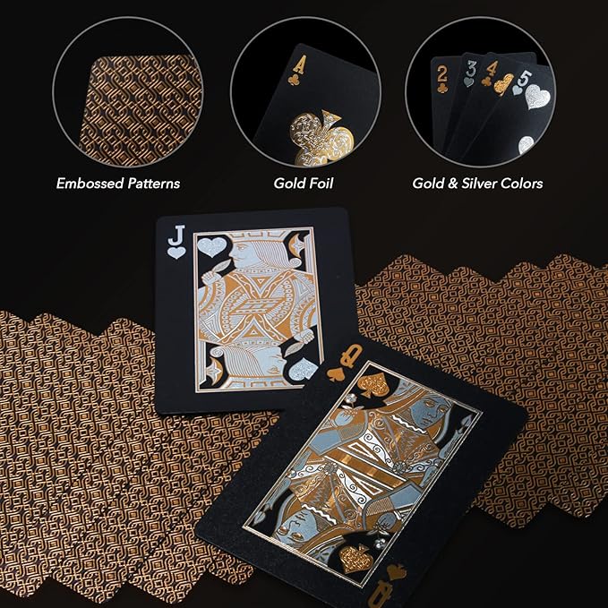 INTEGEAR 2 Decks of Playing Cards, Gold 3D Embossed Patterned Poker Cards Plastic PET Waterproof Playing Cards Luxury Magic Trick Game Tool Gift Reusable Party Decoration