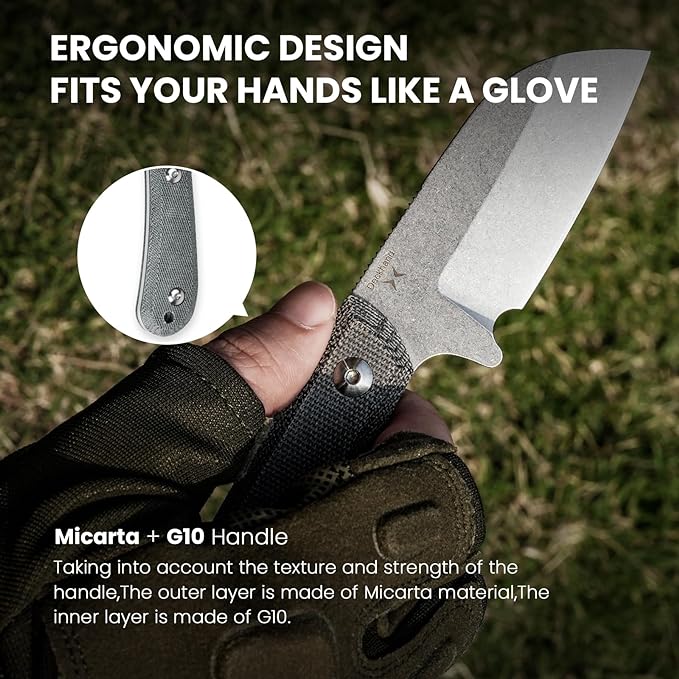 Kizer Deckhand Fixed Blade Hunting Knife with Sheath, D2 Blade Camping Knife G10+Micarta Handle Lightweight EDC Fixed Blade for Men Women Outdoor, for Hunting Survival 1062A1