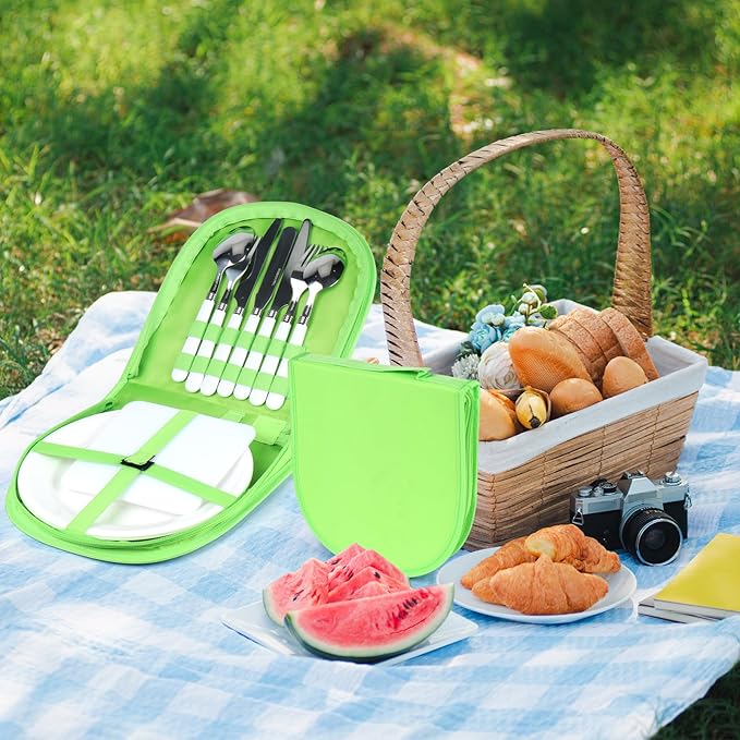 Camping Silverware Set with Case Utensil Camping Picnic Cutlery Kit Camping Mess Kit- 11 Pcs Mess Kit for 2 White Plate Spoon and Serrated Knife Fork