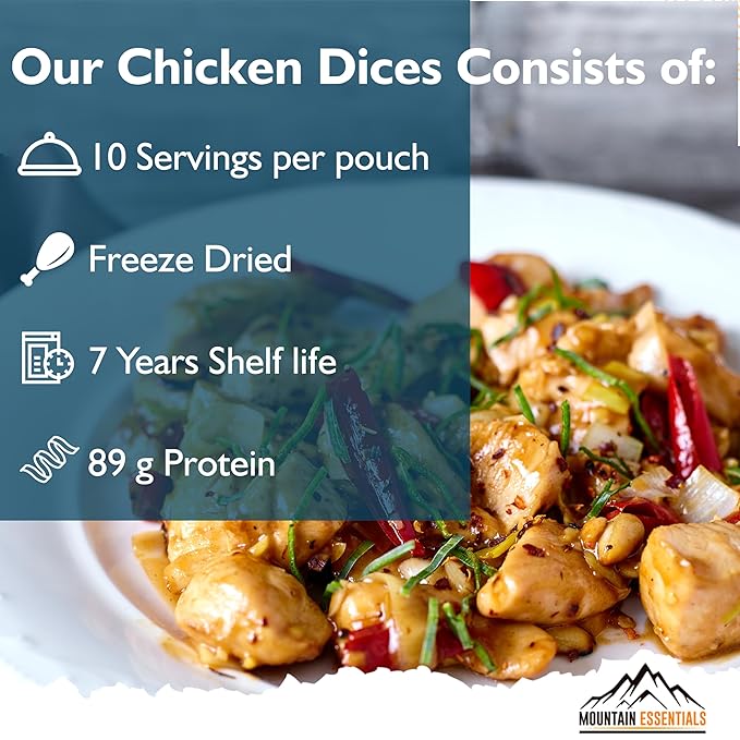 MOUNTAIN ESSENTIALS Freeze-Dried Diced Chicken ??Fully Cooked and Ready to Eat | Everyday Pantry Staple for Meal Prep, Camping & Emergency Survival | Premium Quality Meat | 10 Servings per Pouch | Made in USA | 7-Year Shelf Life | Pack of 1