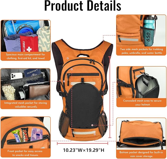 Zavothy 18L Multipurpose Hiking Backpack with 3L Water Bladder ??Durable Hydration Backpack with Insulated Bladder Compartment, Hidden Helmet Holder & Rain Cover ??for Hiking, Commuting, and Camping