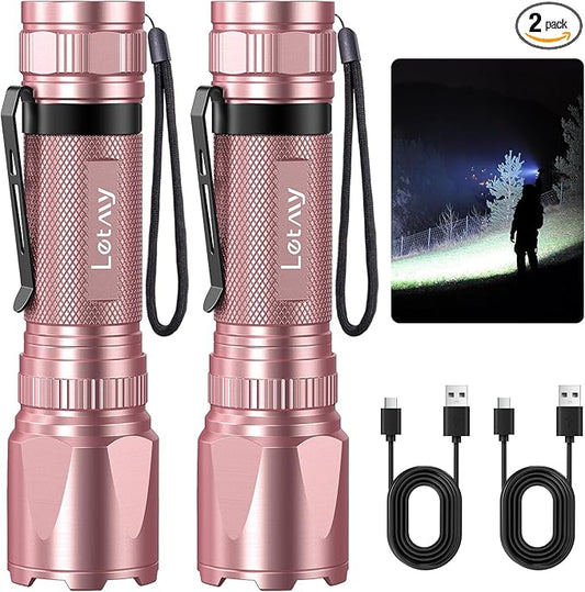 LETMY Rechargeable Flashlights High Lumens, 2 Pack 2000 Lumens Bright LED Tactical Flashlight, 3 Modes Samll Powerful Flash Lights with Clip, Waterproof Flashlights for Home Emergency Camping (Pink)