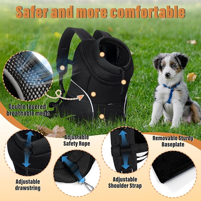 YUDODO Dog Front Carrier Backpack, Adjustable Breathable Pet Carrier for Small Dogs, Ventilated Puppy Back Pack with Safety Belt, Lightweight Doggy Backpack for Hiking Outdoor (Jet Black, M: 4.5-8lbs)