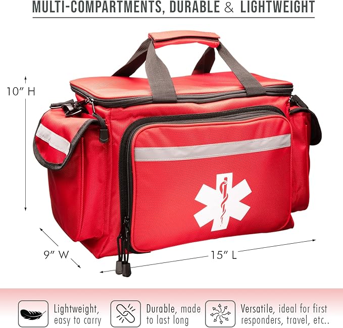 NOVAMEDIC Professional Red Empty Trauma First Aid Medical Bag, 15"x10"x9", Multi Compartment First Responder Carrier for EMT, Paramedics, Emergency and Medical Supplies Kit