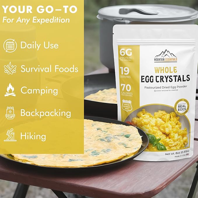 MOUNTAIN ESSENTIALS Whole Egg Crystals Pasteurized Dried Egg Powder 8 Oz Pure Natural Nutrient-Rich Whole Egg Powder For Baking, Cooking, Camping, Quick Meal Preparation Shelf Stable Food Pack of 1