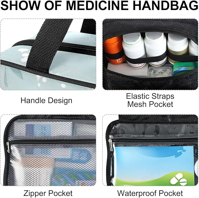 Fustylead Cute Elephant and Flower Pill Organizer Bag Large Medicine Travel Carrying Case with Zipper for Vitamin Supplements Fish Oil, Empty First Aid Kit for Hiking Camping