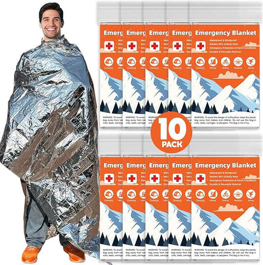10 Pack Emergency Thermal Blanket Survival, Mylar Blankets for Outdoor, Space Blanket, Silver Foil for Survival, Survival Kit Camping Blankets, Body Warmer, First Aid, Hiking 84” x 52”