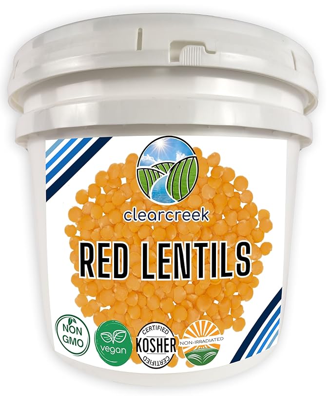 CLEAR CREEK Certified Glyphosate Residue Free Red Lentils | 25 lbs Bucket | Non-GMO | Kosher | Vegan | Non-Irradiated (Will Sprout) | Emergency Food