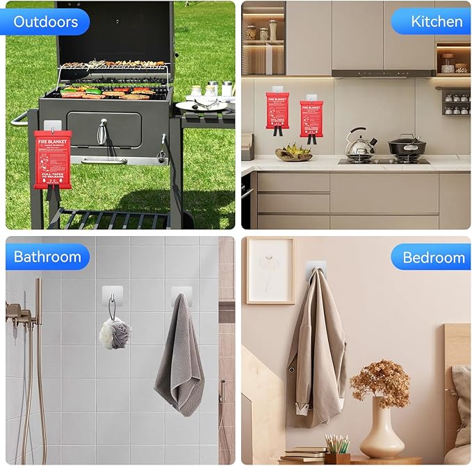 KRUI 4 Pcs Adhesive Wall Hooks for Emergency Fire Blankets, Heavy Duty Stainless Steel Wall Hanging Hooks Waterproof and Fireproof for Home Kitchen Bathroom Office