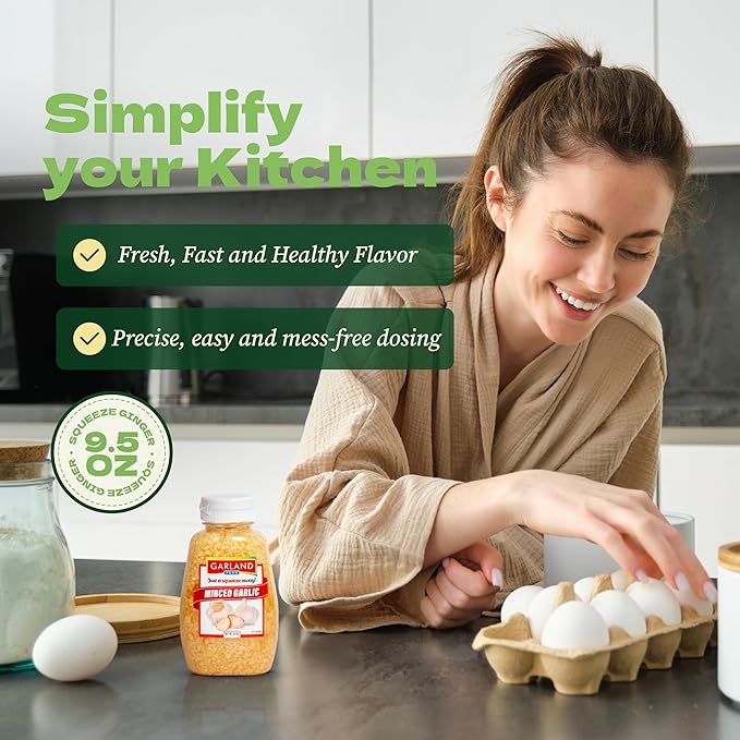 Garland Food Squeezable Minced Garlic in Water 9.5 oz ??Made in the USA - Garlic Minced Squeeze Bottle for Fresh Flavor, Time-Saving Prep, and Versatile Uses in Every Dish
