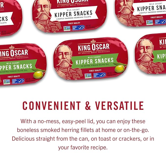 King Oscar Kipper Snacks in Extra Virgin Olive Oil, 3.54 Ounce Cans (Pack of 12), Lightly Smoked Herring Fillets, Wild Caught Canned Herring