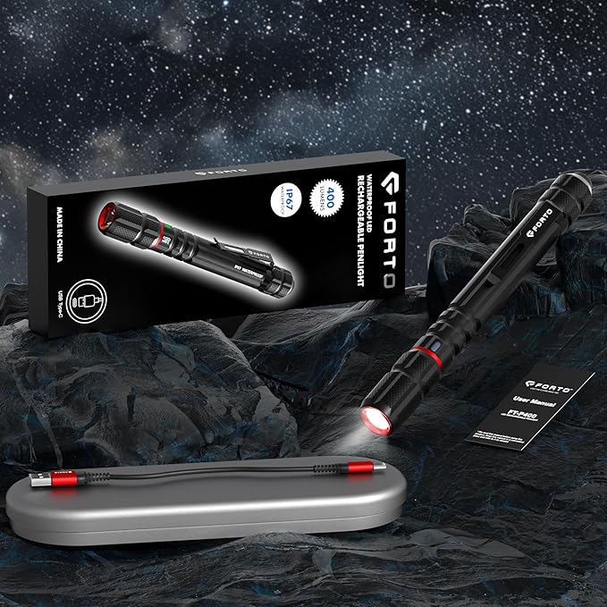FORTO Rechargeable Pen Light Flashlight, 400 Lumens Small Pocket Flashlight with Clip, IP67 Waterproof, 2 Light Modes, 3-Color Battery Indicator, Type-C Charging, for Inspection,Emergency(1 Pack)