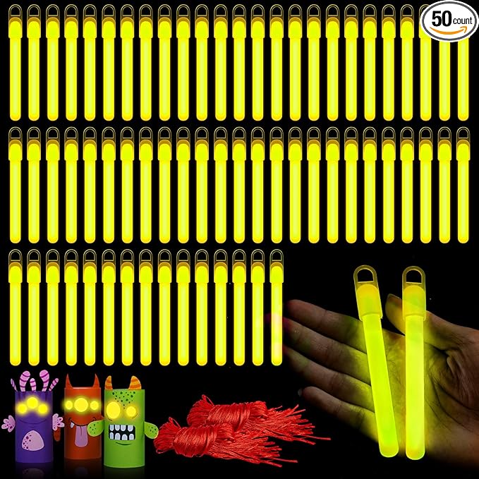 Lewtemi 50 Set 4'' Glow Sticks Bulk, Hallowee Glow in The Dark Party Supplies, Emergency Light Sticks with Lanyard, for Birthday, Light up, Neon, Halloween Theme Party Favors