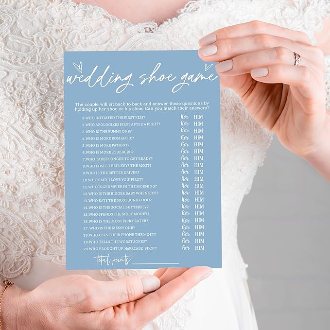 Bridal Shower Games Cards & Shoe Game - 25 Guests Engagement Party Supplies - Minimalist Blue Wedding Party Supplies - B04