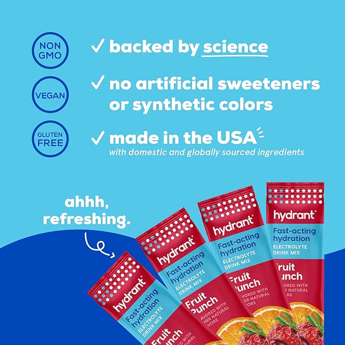 HYDRANT - Hydrate Electrolyte Powder, Fruit Punch Flavor, 30 Rapid Hydration Individual Stick Packs - Low Sugar Drink Mix for Daily Use, Travel & Workouts