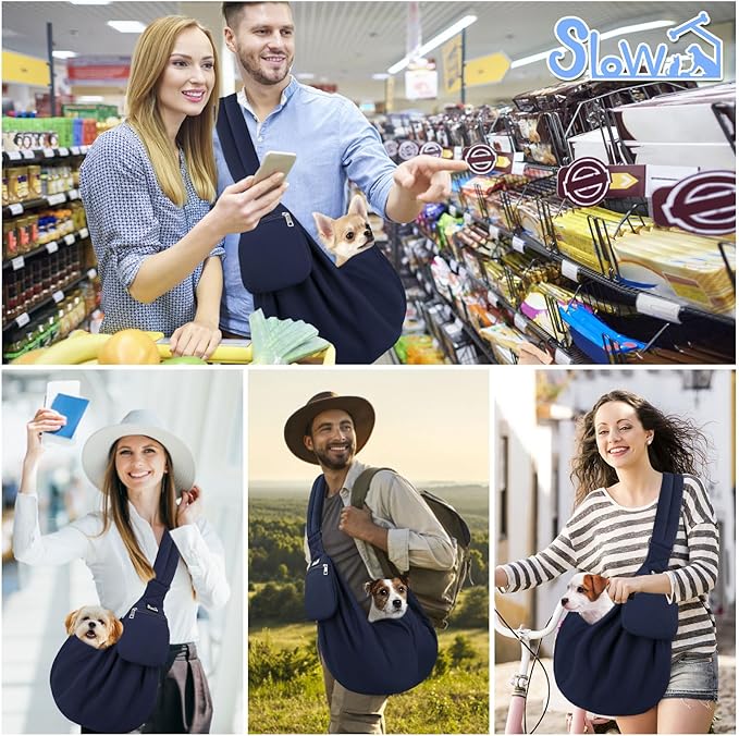 SlowTon Dog Carrier Sling - Thick Padded Shoulder Strap Adjustable Dog Carriers for Small Dogs, Puppy Carrier Purse for Pet Cat with Front Zipper Pocket Safety Belt Machine Washable (Dark Blue, L)