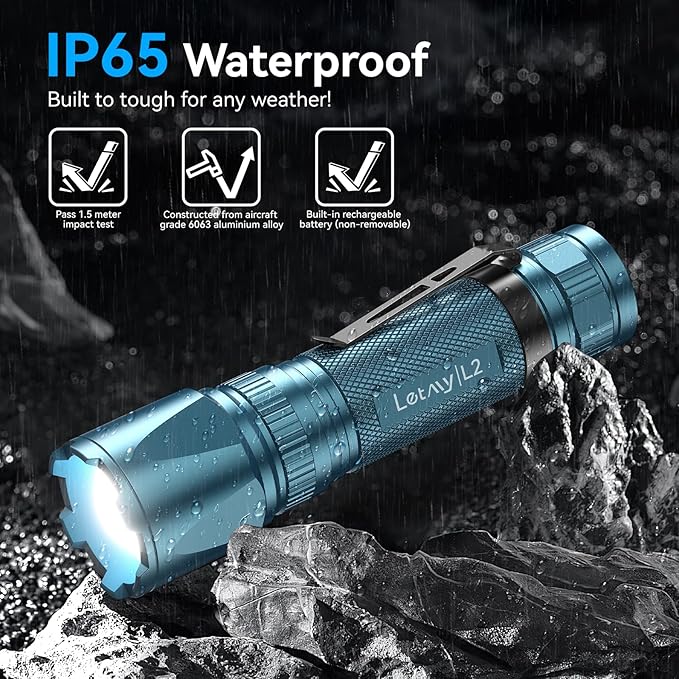 LETMY Rechargeable Flashlights High Lumens, 2 Pack 2000 Lumens Bright LED Tactical Flashlight, 3 Modes Samll Powerful Flash Lights with Clip, Waterproof Flashlights for Home Emergency Camping (Blue)