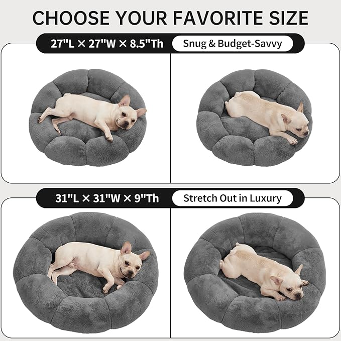 OhGeni 31 inches Calming Donut Orthopedic Dog & Cat Bed for Medium Pets, Warming Comfort Fluffy Short Pile Fur, Durable Waterproof Machine Washable Removable Cover, Round Bed for Puppy, Dark Gray
