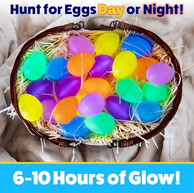 PartySticks 24 Easter Glow Eggs & 72 Mini Glow Sticks 96pcs Total, Glow-in-The-Dark Kids Teens Adults Easter Basket Stuffers Fillers Gift, Egg Hunt Game Bulk Party Favors, Boys Girls Classroom Prizes