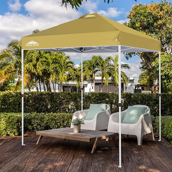 EAGLE PEAK Pop Up Canopy Tent with Wheeled Carry Bag, 8 Stakes, 4 Ropes, Easy Set Up Tent Canopy, 6.6x6.6 ft, Beige