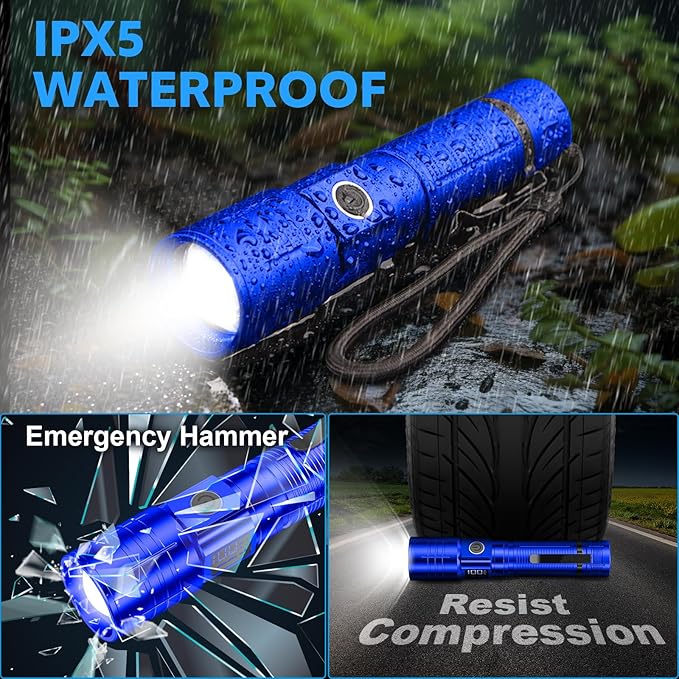AdamStar Flashlights High Lumens Rechargeable Super Bright LED Flashlight with Dimmable, Zoomable Beam Tactical Flash Lights Small Powerful ((RED+ Blue) with case)