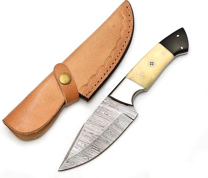 Handmade Damascus Camel Bone Hunting Knife,Fixed Blade full tang with Leather Belt Sheath gifts for men EDC, Skinning, Outdoor adventures. (Bone Damascus Knife), PCL-0078