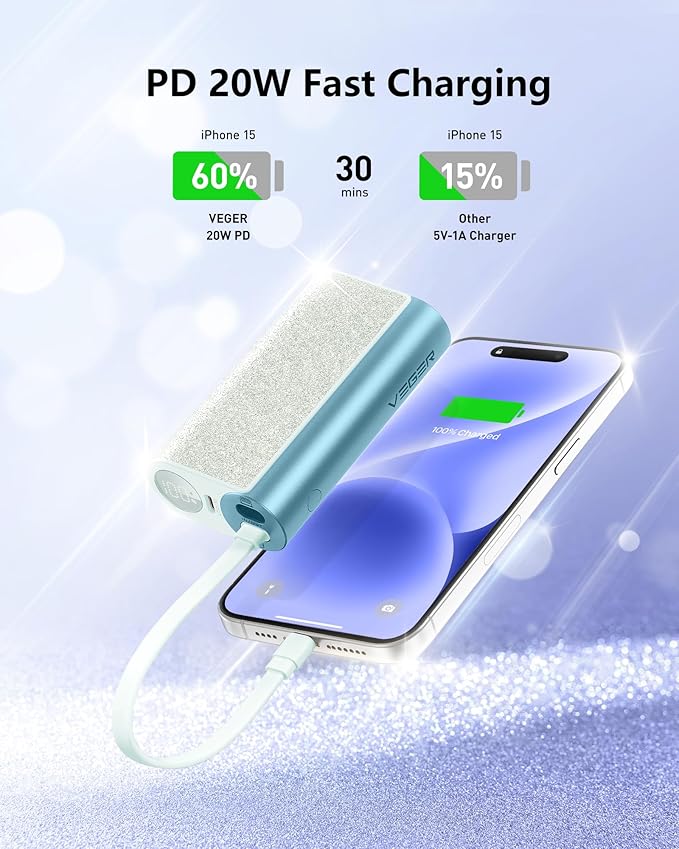 VEGER Compact Portable Charger with Built in Cable(Removable), 10000mAh Cute Power Bank 20W Fast Charging, Sparkling Battery Pack Fashion Travel Accessory Compatible with iPhone 15/14, Android-Green