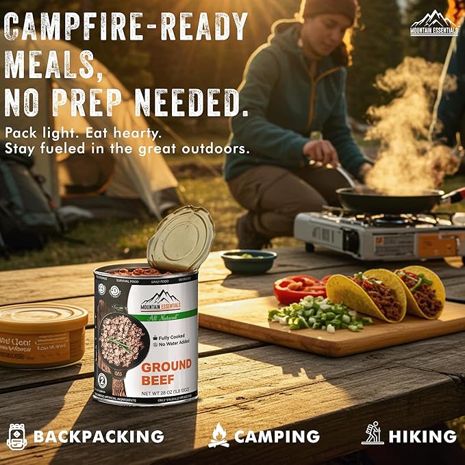 MOUNTAIN ESSENTIALS All Natural Canned Ground Beef 28 Oz – Fully Cooked, Ready to Eat Hamburger Meat – Pantry Staple for Everyday Meals, Emergency & Survival – 5-Year Shelf Life – Made in USA – 1 Pack