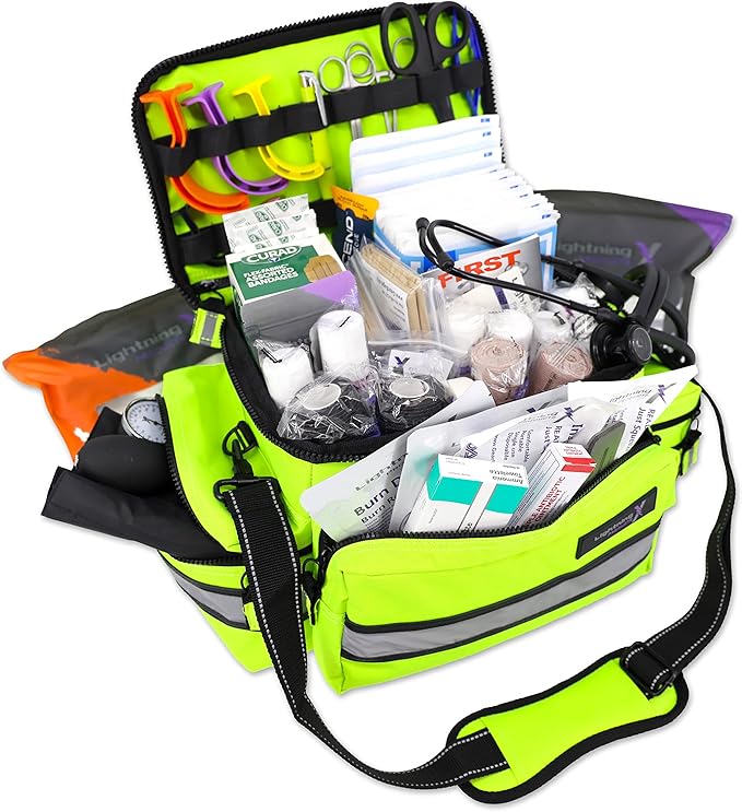 Lightning X Mid-Sized First Responder EMT Bag | LXMB25 | Fully Stocked w/ 240+ First Aid, EMS & Trauma Supplies - Fluorescent Yellow