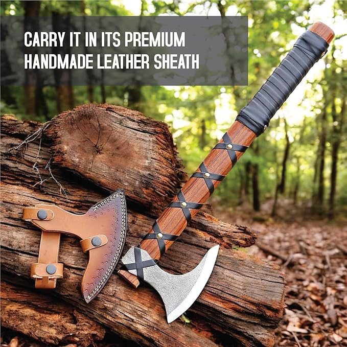 Viking Axe of Ragnar Lothbrok Hunting Axe with Rosewood Handle - Hand-Forged High Carbon Steel Sharp Blade, Handmade Camping Axes, Hatchet-Norse Ax, Tomahawk Vikings Bearded Axes, with Leather Sheath