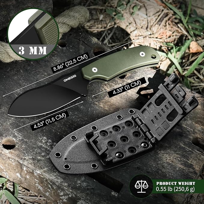 Omesio Nessmuk Hunting Knife Fixed Blade Knife with Kydex Sheath, 8.86??Full Tang D2 Steel Ergonomic G10 Handle Horizontal Carry Camping Outdoor knife, Perfect Gifts for Men