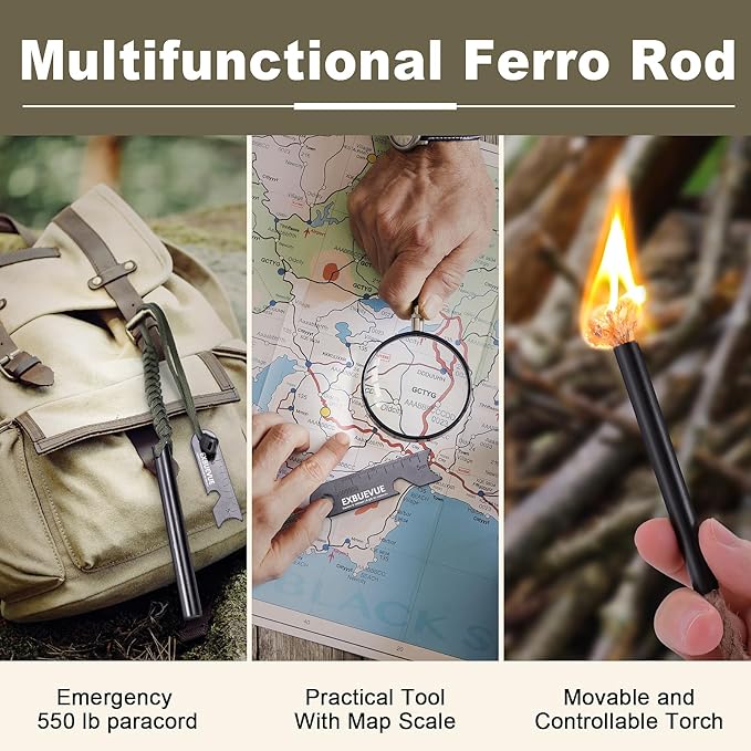 Fire Starter, 5'' Ferro Rod Outdoor Survival Tools Flint and Steel and Stricker for Bushcraft, Camping, Hiking Kits