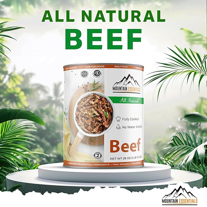 MOUNTAIN ESSENTIALS All Natural Canned Beef 28 Oz – Fully Cooked, Ready to Eat, Gluten Free – Canned Meat for Daily Use, Emergency, Survival & Camping – 5-Year Shelf Life – Made in USA – Pack of 1
