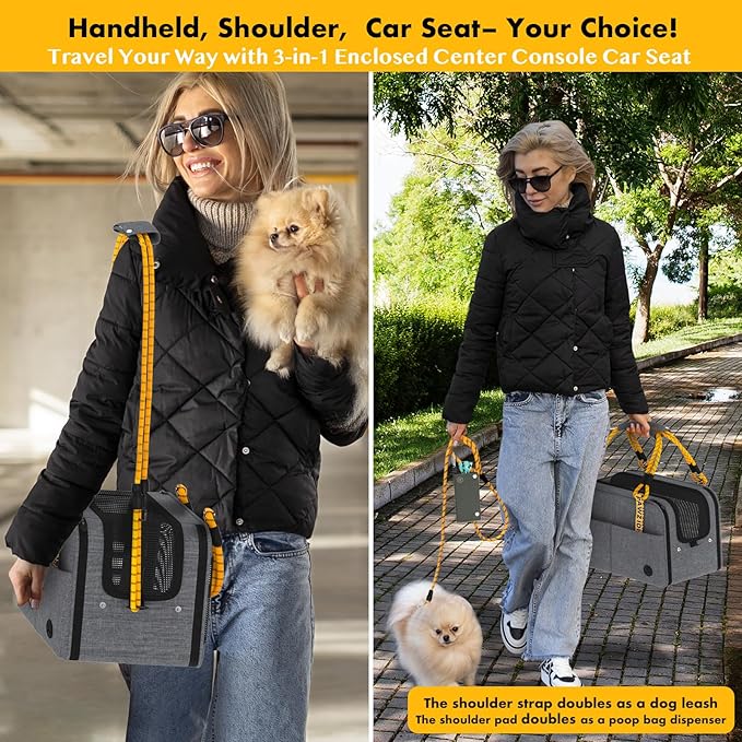 PAWZIDEA Center Console Dog Car Seat, Enclosed Secure Armrest Booster Seat for Small Dogs & Cats up 12lbs, Soft-Sided Travel Pet Carrier Safety Straps, Removable Pillow, Storage Pocket, Shoulder Strap