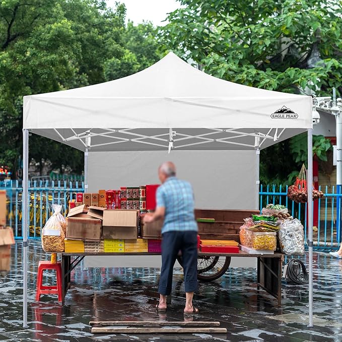 EAGLE PEAK 10x10 Heavy Duty Pop up Commercial Canopy Tent with One Removable Sidewall, Instant Sun Shelter with Roller Bag, 4 Sandbags, White