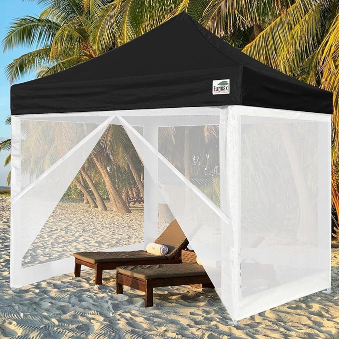 Eurmax USA 10'x10' Pop-up Canopy Tent Commercial Instant Canopies with 4 Removable Zipper End Screen Wall kit and Roller Bag, Bonus 4 SandBags(Black)