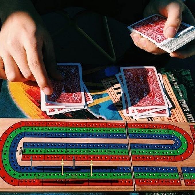 FUNPENY Traditional Wooden Cribbage Board Game Set, 3-Track Color Coded with Metal Pegs and Deck of Playing Cards