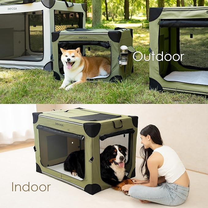 EHEYCIGA Collapsible Dog Crate 36 Inches, Portable Travel Crate for Large Dogs, Soft Foldable Pet Kennel with 4-Door Mesh Windows Indoor & Outdoor, Green
