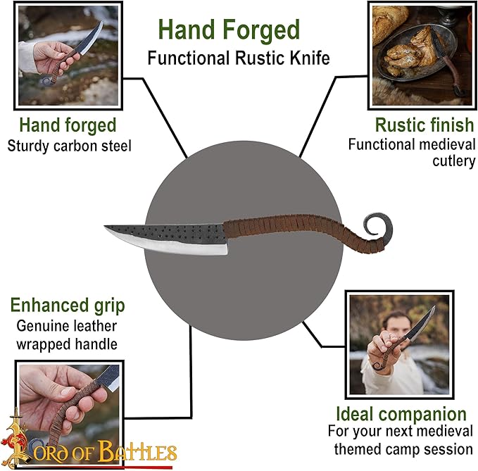 Lord of Battles Hand-Forged Medieval Knife ??Curved Full Tang with Leather-Wrapped Handle, Viking-Inspired Utility Knife for Camping, Hunting & Collectors