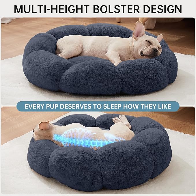 OhGeni 31 inches Calming Donut Orthopedic Dog & Cat Bed for Medium Pets, Warming Comfort Fluffy Short Pile Fur, Durable Waterproof Machine Washable Removable Cover, Cute Round Bed for Puppy, Blue